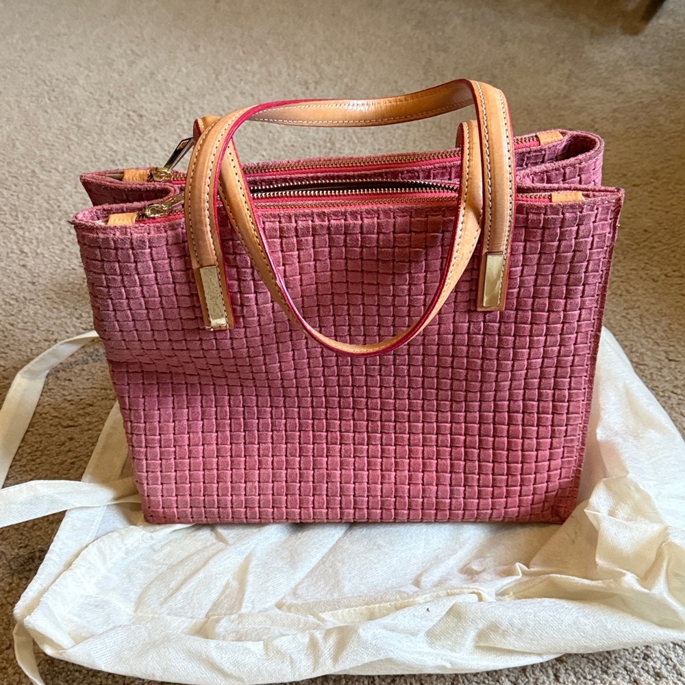 Pink Leather Woven Tote Bag